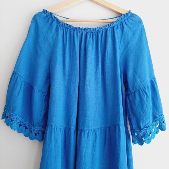 TERZO MILLENNIO | Italy 100% Linen Midi Knee Length Dress Relaxed Fit Blue Sz M - Picture 10 of 13